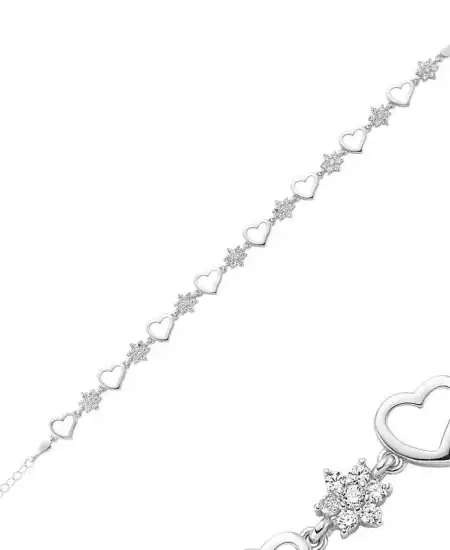 Gümüş Çiçek Kalp Bayan Bileklik