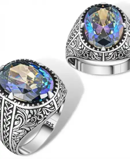 Gümüş Çiçek Motifli Mistik Topaz Erkek Yüzük