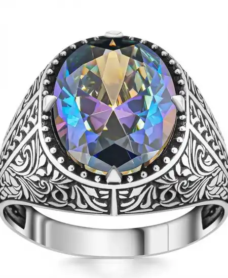Gümüş Çiçek Motifli Mistik Topaz Erkek Yüzük