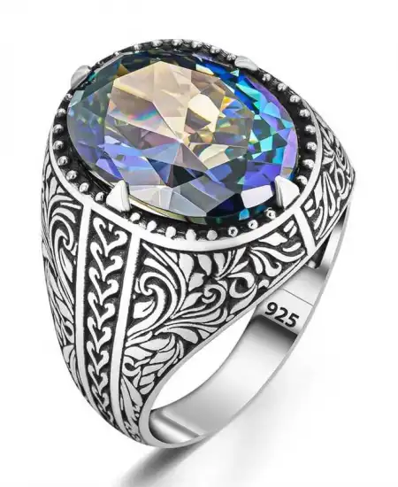 Gümüş Çiçek Motifli Mistik Topaz Erkek Yüzük