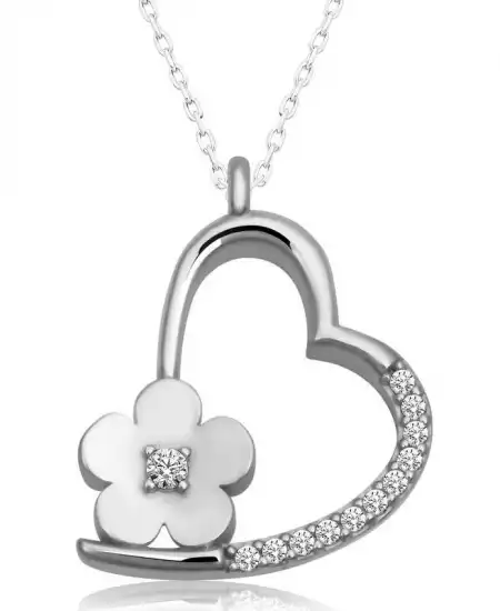 Gümüş Çiçekli Kalp Kadın Kolye