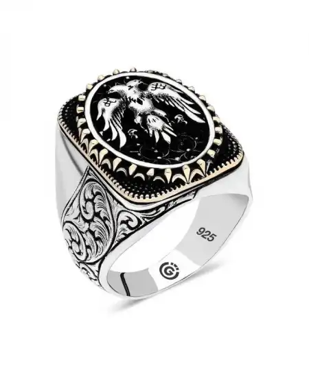 Gümüş Çift Başlı Kartal Oval Erkek Yüzük