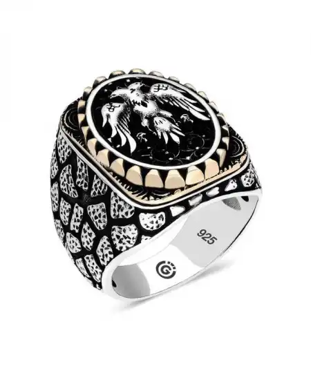 Gümüş Çift Başlı Kartal Oval Erkek Yüzük