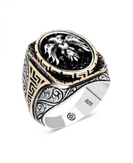 Gümüş Çift Başlı Kartal Oval Erkek Yüzük