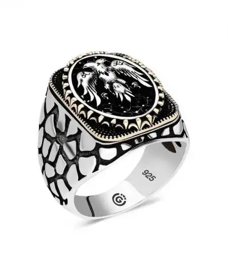 Gümüş Çift Başlı Kartal Oval Erkek Yüzük