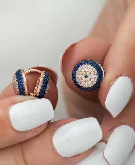 Gümüş Çift Taraflı Nazarlı Bayan Küpe