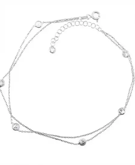 Gümüş Çift Zincirli Beyaz Taşlı Halhal