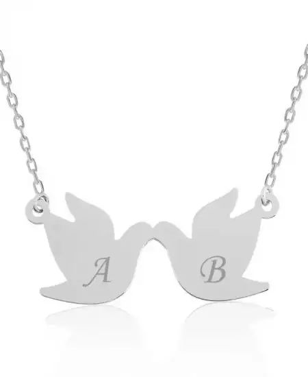 Gümüş Çifte Kumrular Harf Yazılı Kolye