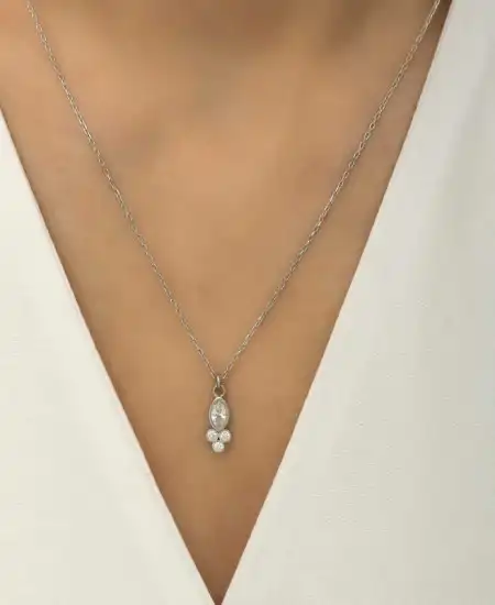 Gümüş Çiğ Damlası Mekik Tektaş Bayan Kolye