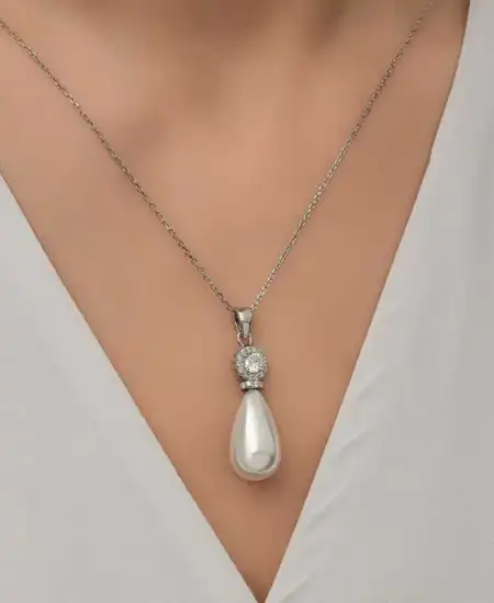 Gümüş Damla İnci Kadın Kolye