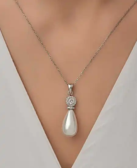 Gümüş Damla İnci Kadın Kolye