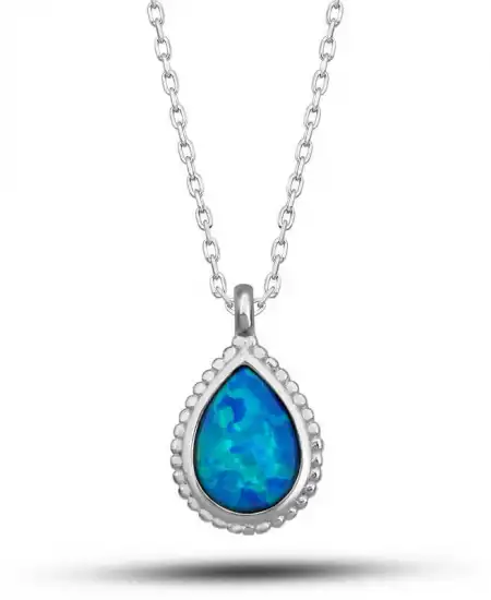 Gümüş Damla Mavi Opal Taşlı Kadın Kolye