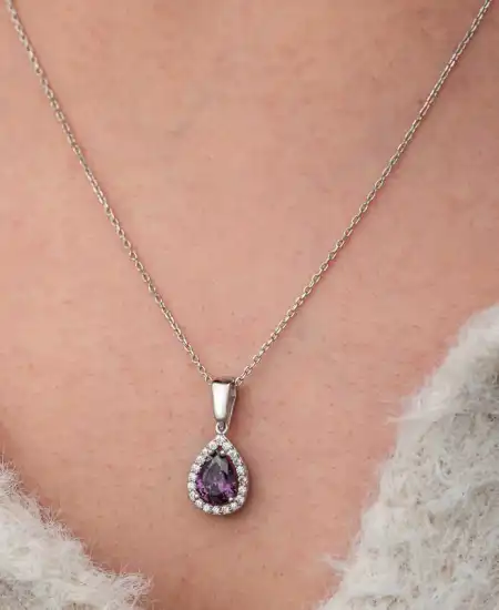 Gümüş Damla Mor Taşlı Kadın Kolye