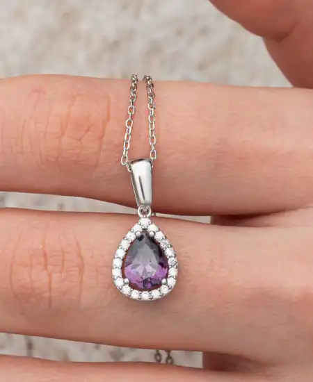 Gümüş Damla Mor Taşlı Kadın Kolye