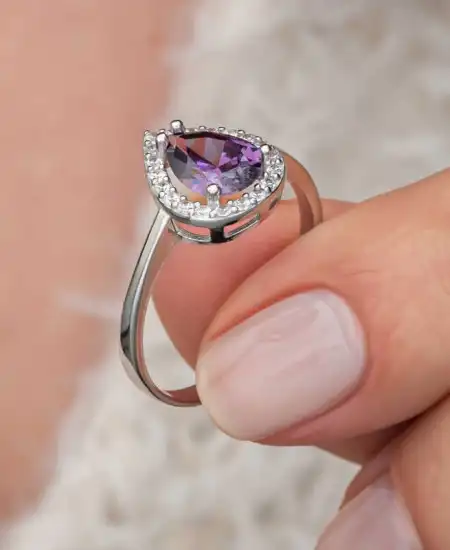 Gümüş Damla Mor Taşlı Kadın Yüzük