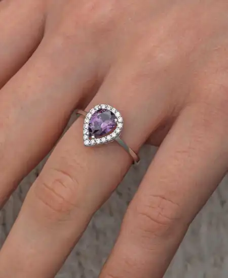 Gümüş Damla Mor Taşlı Kadın Yüzük