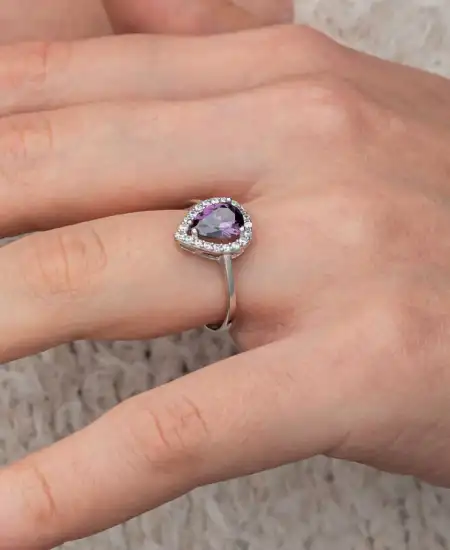 Gümüş Damla Mor Taşlı Kadın Yüzük