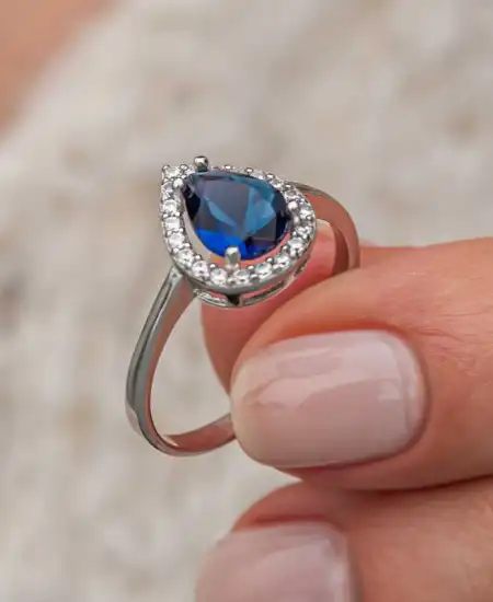 Gümüş Damla Safir Taşlı Kadın Yüzük