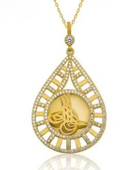 Gümüş Damla Tuğralı Altın Kaplama Bayan Kolye