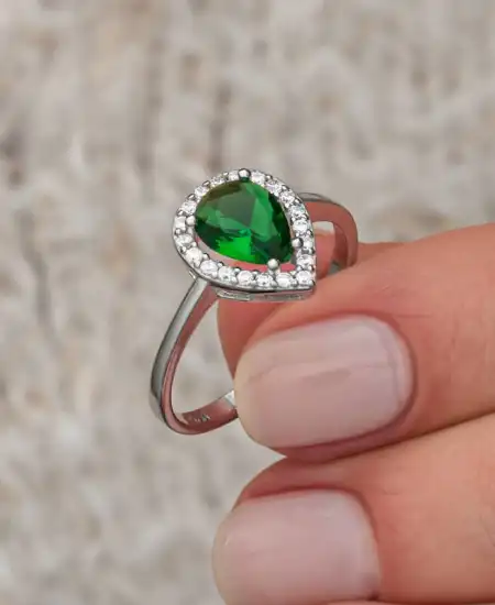 Gümüş Damla Zümrüt Taşlı Kadın Yüzük