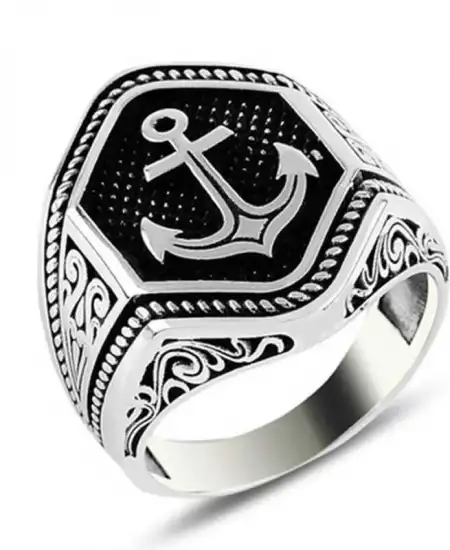 Gümüş Deniz Çapası Armalı Erkek Yüzük