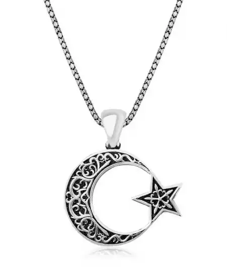 Gümüş Desenli Ay Yıldız Erkek Kolye