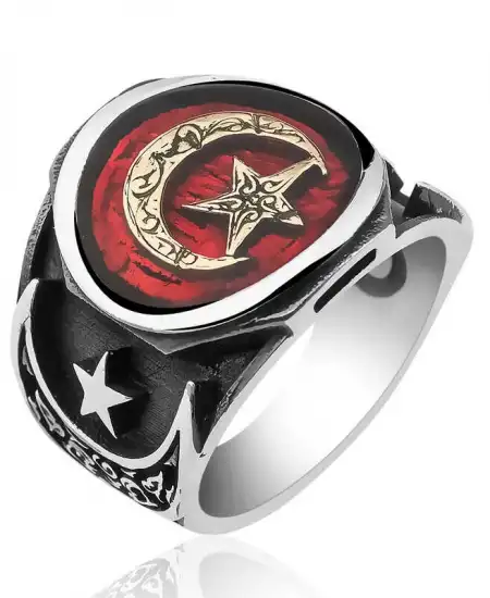 Gümüş Desenli Ay Yıldız Erkek Yüzük