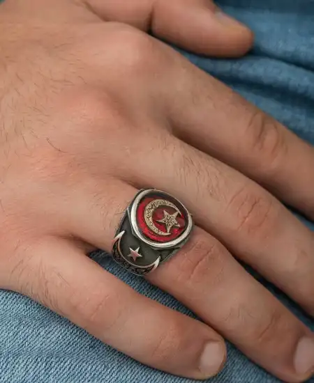 Gümüş Desenli Ay Yıldız Erkek Yüzük