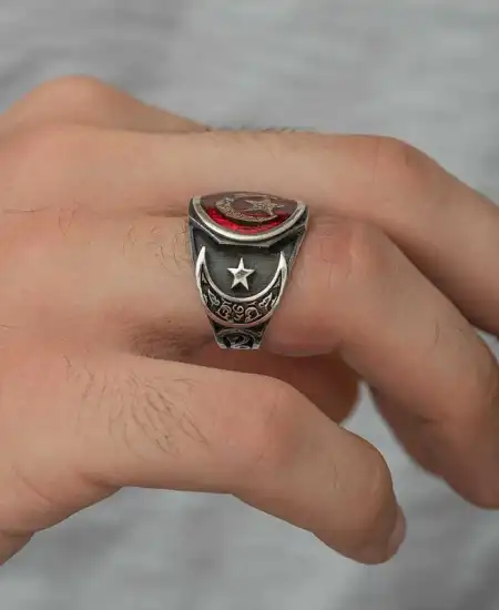 Gümüş Desenli Ay Yıldız Erkek Yüzük