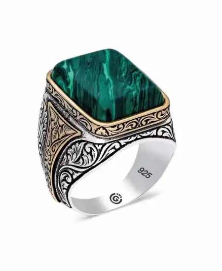 Gümüş Desenli Malahit Taşlı Kare Erkek Yüzük