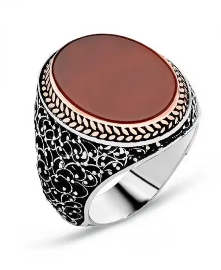 Gümüş Düz Akik Taşlı Erkek Yüzük