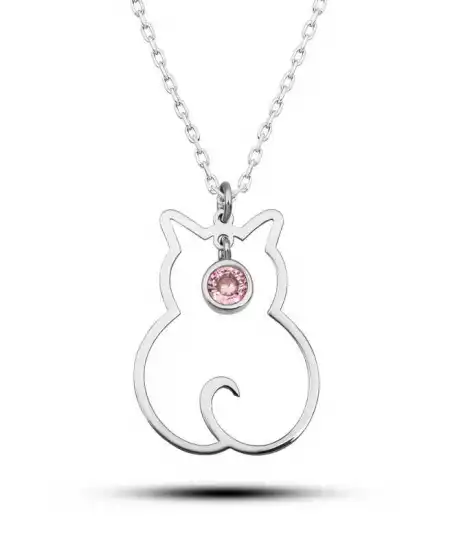 Gümüş Ekim Ayı Doğum Taşı Kedi Kadın Kolye