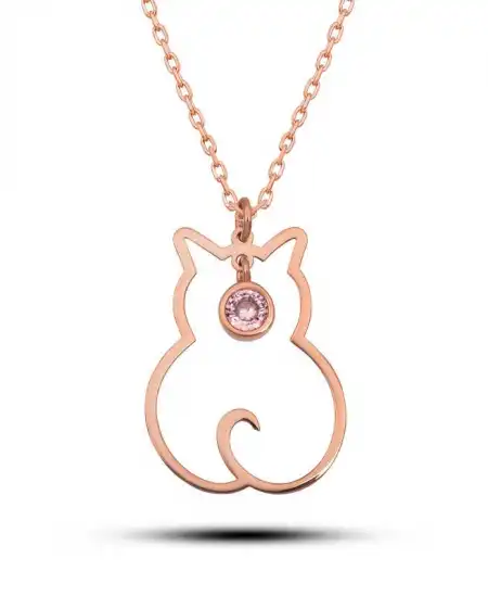 Gümüş Ekim Ayı Doğum Taşı Kedi Kadın Kolye