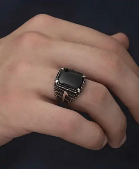 Gümüş Elif Oniks Erkek Yüzük