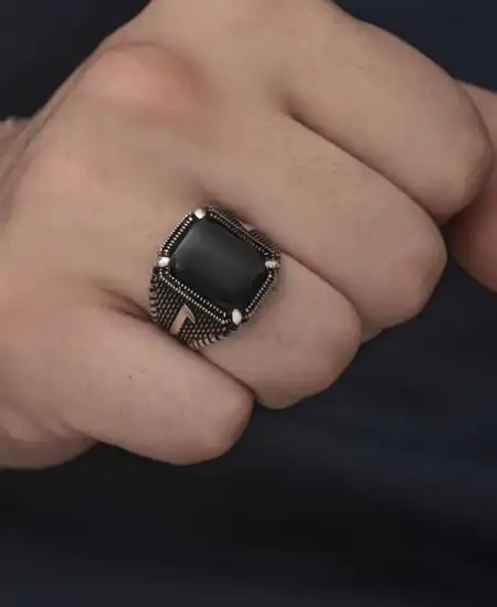 Gümüş Elif Oniks Erkek Yüzük