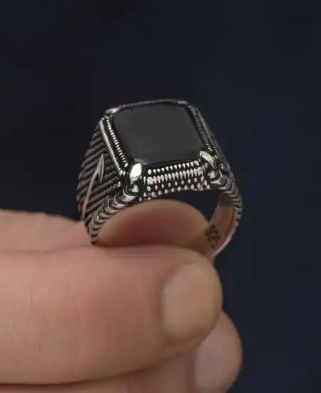 Gümüş Elif Oniks Erkek Yüzük