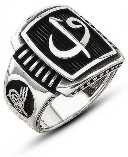 Gümüş Elif Vav Tuğra Armalı Erkek Yüzük
