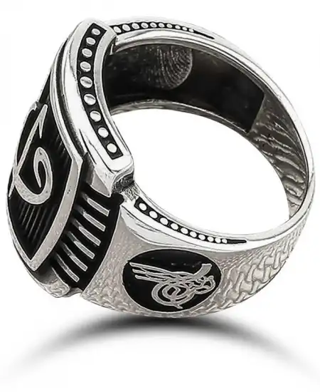 Gümüş Elif Vav Tuğra Armalı Erkek Yüzük