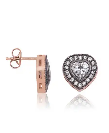 Gümüş Elmas Montür Kalp Çivili Küpe