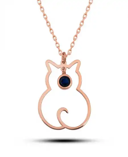Gümüş Eylül Ayı Doğum Taşı Kedi Kadın Kolye