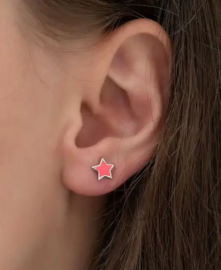 Gümüş Fosforlu Pembe Yıldız Küpe