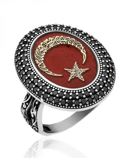 Gümüş Göktürkçe Alfabesi Yazılı Ay Yıldız Bayan Yüzük