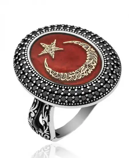 Gümüş Göktürkçe Alfabesi Yazılı Ay Yıldız Bayan Yüzük