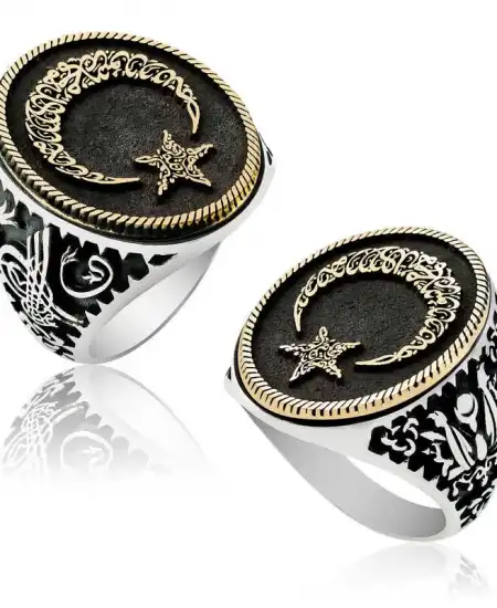 Gümüş Göktürkçe Alfabesi Yazılı Ay Yıldız Erkek Yüzük