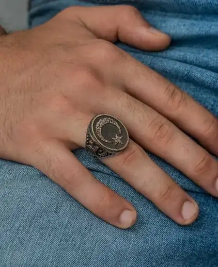 Gümüş Göktürkçe Alfabesi Yazılı Ay Yıldız Erkek Yüzük