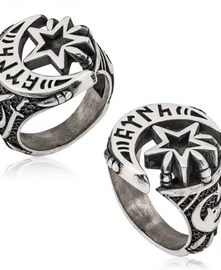 Gümüş Göktürkçe türk Yazılı Ay Yıldız Erkek Yüzük