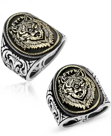 Gümüş Göktürkçe Türk Yazılı Kurt Kafası Erkek Yüzük