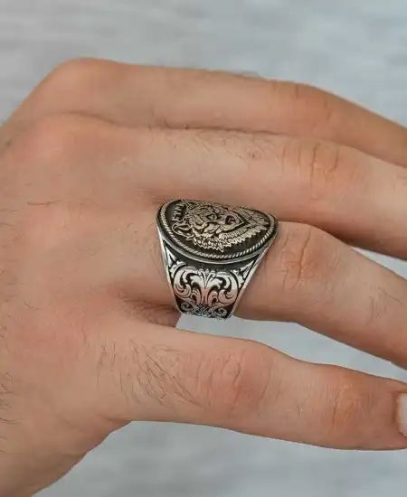 Gümüş Göktürkçe Türk Yazılı Kurt Kafası Erkek Yüzük