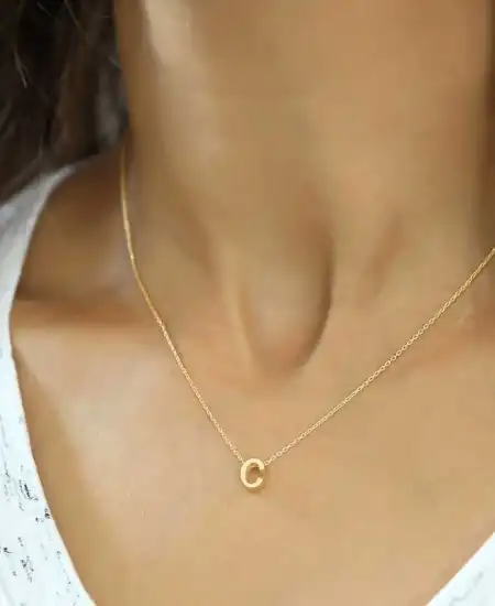 Gümüş Gold 3 Boyutlu C Harf Bayan Kolye
