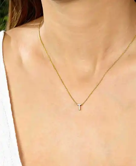 Gümüş Gold 3 Boyutlu T Harf Bayan Kolye